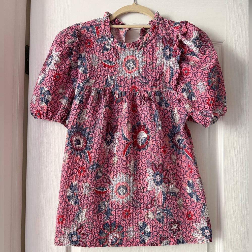 LOFT Pink Floral Dalia Ruffle Puff-Sleeve Dress-Style Top